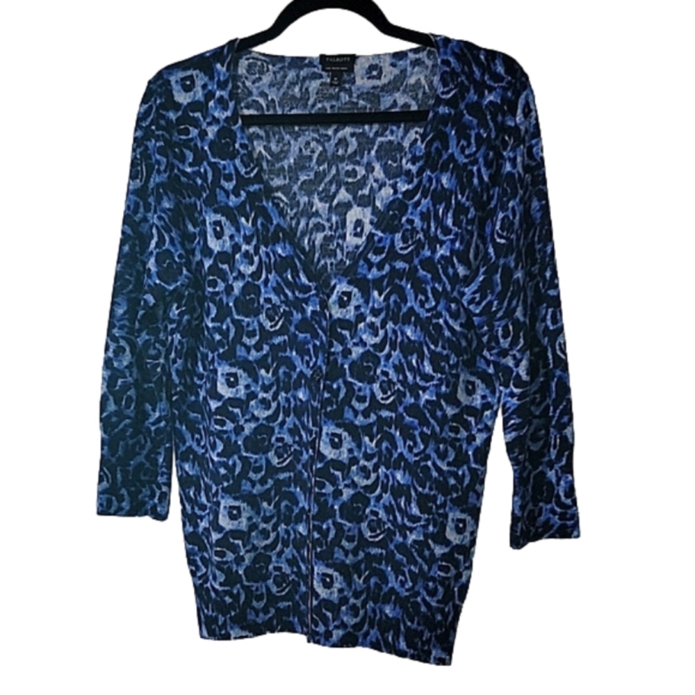 TALBOT'S floral cardigan in shades of blue, lightweight 100% merino wool, Size M